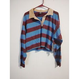 Stranger Things Striped Cropped Rugby Polo Shirt Blue Maroon Size Large 12-14